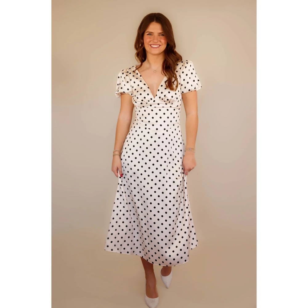 STORIA Polka Dot Slip Midi Dress NWT Sz S Satin Puff Sleeve Retro Romantic Ivory